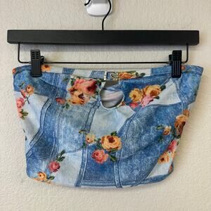 Y2k Hot Kiss Floral Strapless Cropped Tube Top Retro Blue Size Medium